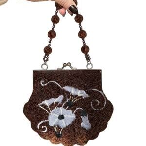 Vintage Brown Hand Beaded Floral Evening Purse Satin Lined Kiss Lock Bag, Small